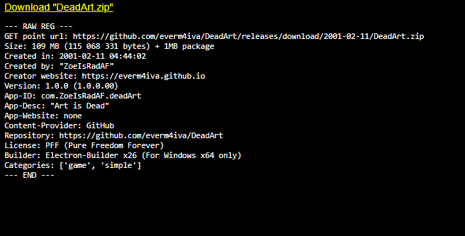 preview of an get website, displaying all information about the file, author and advanced nerdy stuff